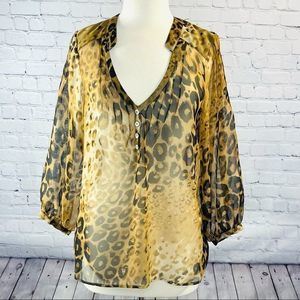Patterson J. Kincaid 3/4 Sleeve Loose Shirt, Sheer, Leopard Print, Size M
